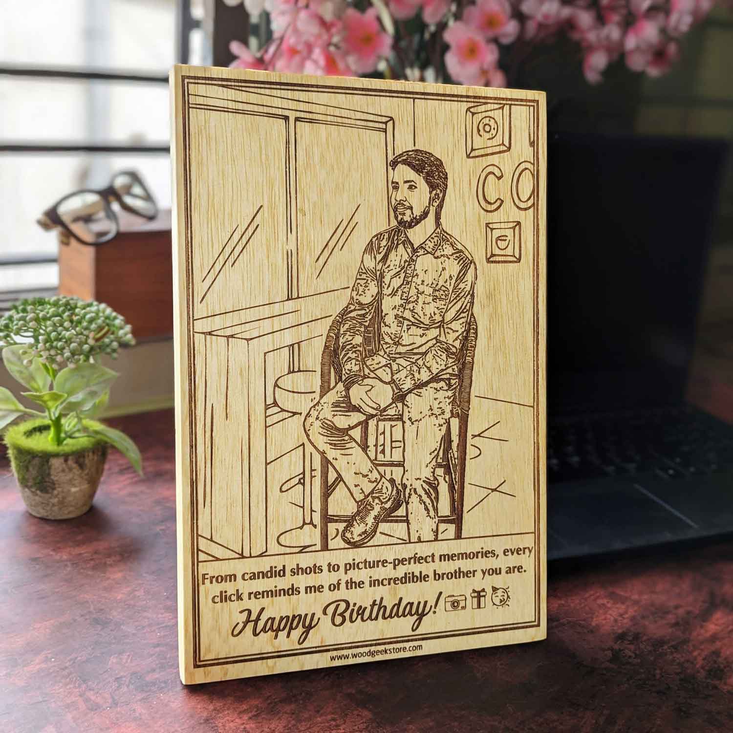 Engraved wood frame personalized with photo and birthday greeting