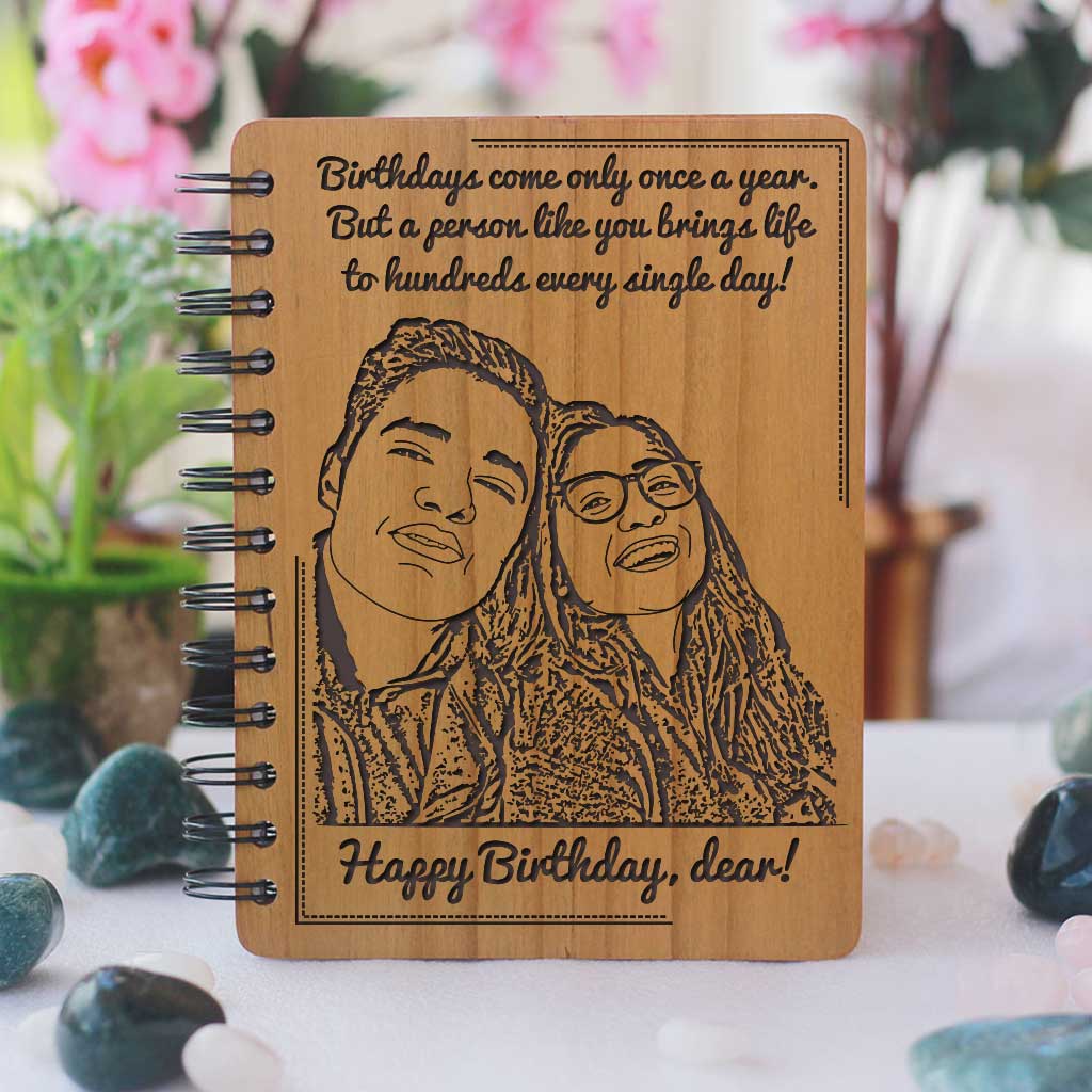 Birthday Wishes For Friend Engraved On A Wooden Notebook As Birthday Gift. This Wooden Photo Diary Is One The Best Birthday Gifts. Looking for Birthday Gifts For Friend? This Personalized Notebook Engraved With A Photo Will Make A Great Photo Gift.