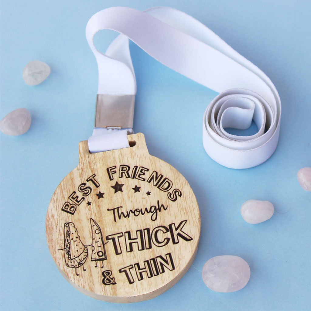 Best Friends Through Thick And Thin Wooden Medal - An Engraved Medal In Mahogany and Birch wood That Comes With A Ribbon - Funny Awards For Friends - Trophies & Medals For Best Friend