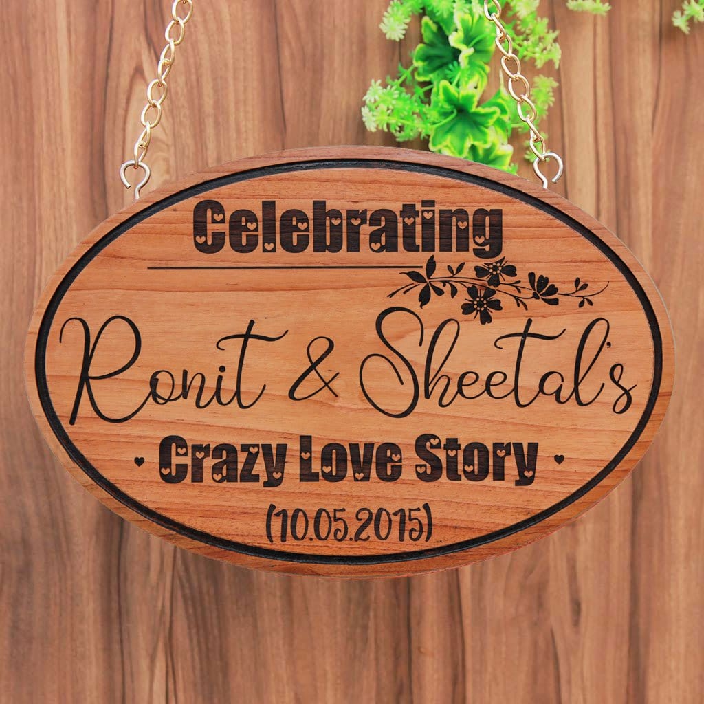 Crazy Love Story Hanging Sign. A custom wooden sign that is a great gift for boyfriend or girlfriend. This personalized wooden plaque is also a great anniversary gift and Valentine's Day gift. Looking for a photo gift? Here's a wood engraved photo.