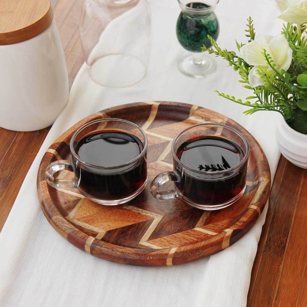 Chevron Pattern Tray. A Round Wooden Serving Tray. This wooden tray can also be used for decorative purposes.