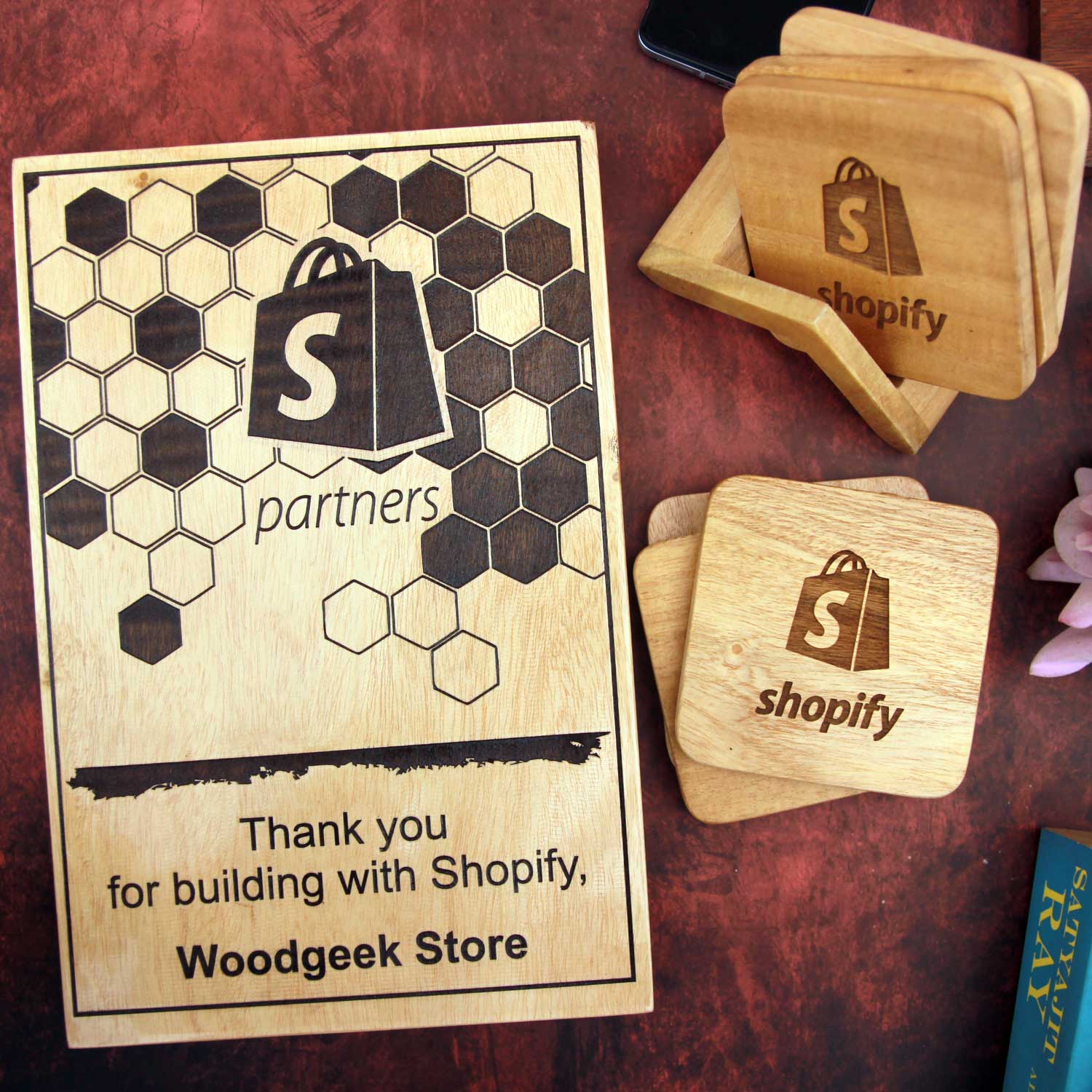 Corporate Gift Set - Engraved Wood Plaque & Wooden Coaster Set