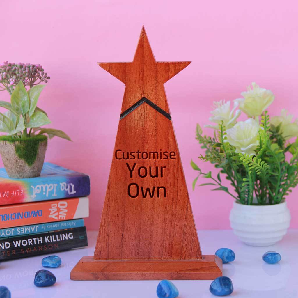 Wooden Star Trophy. Customise Your Own Wooden Trophies & Awards. Create Your Own Custom Trophies. Make Your Own Football Trophy, Badminton Trophy or Other Sports Awards, Best Employee Award or Other Employee Appreciation Awards, Funny Awards and Trophies