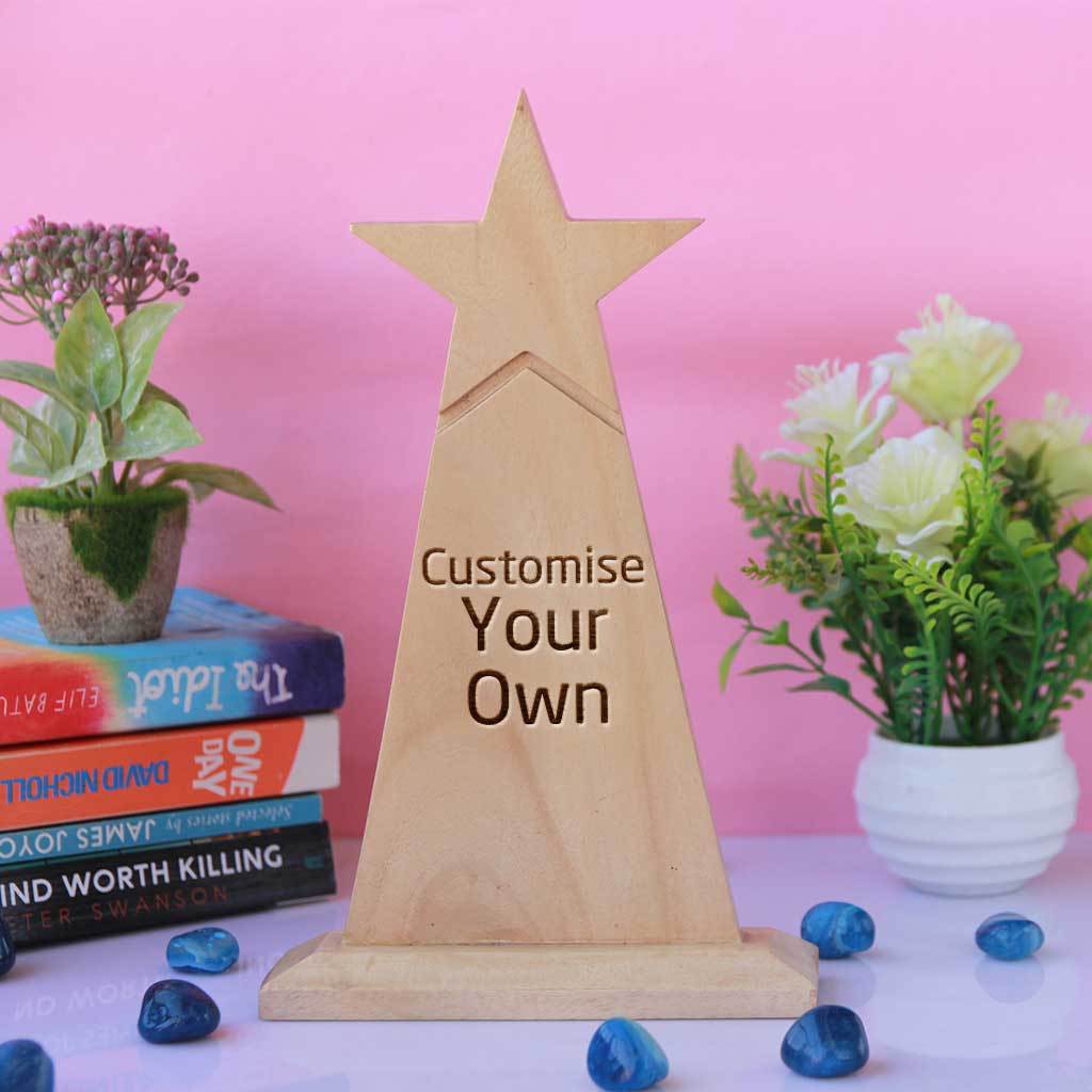 Wooden Star Trophy. Customise Your Own Wooden Trophies & Awards. Create Your Own Custom Trophies. Make Your Own Football Trophy, Badminton Trophy or Other Sports Awards, Best Employee Award or Other Employee Appreciation Awards, Funny Awards and Trophies