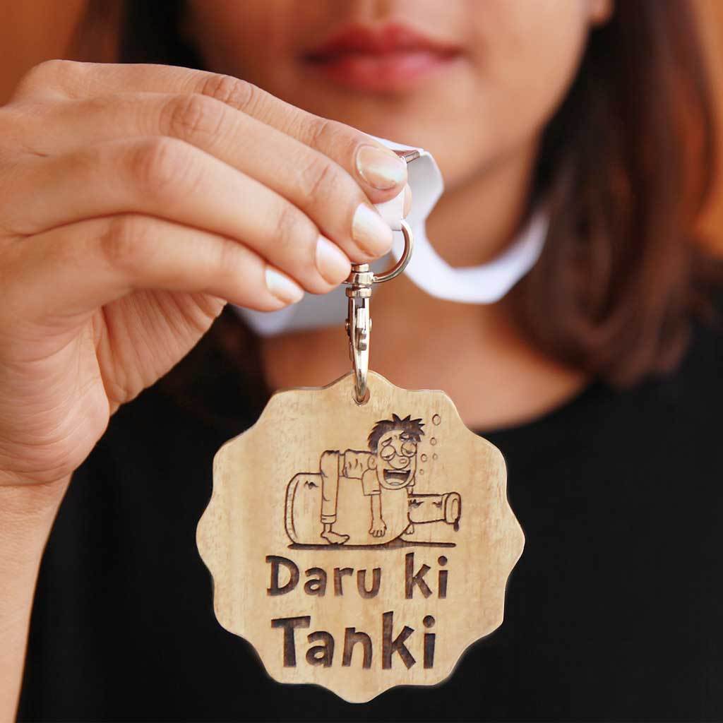 Daru Ki Tanki Wooden Medal With Ribbon. This Funny Medal Is Engraved On Mahogany or Birch Wood. These Funny Medals Make Great Friendship Day Gifts Or A Simple Birthday Gift For Friends Who Love Drinking.