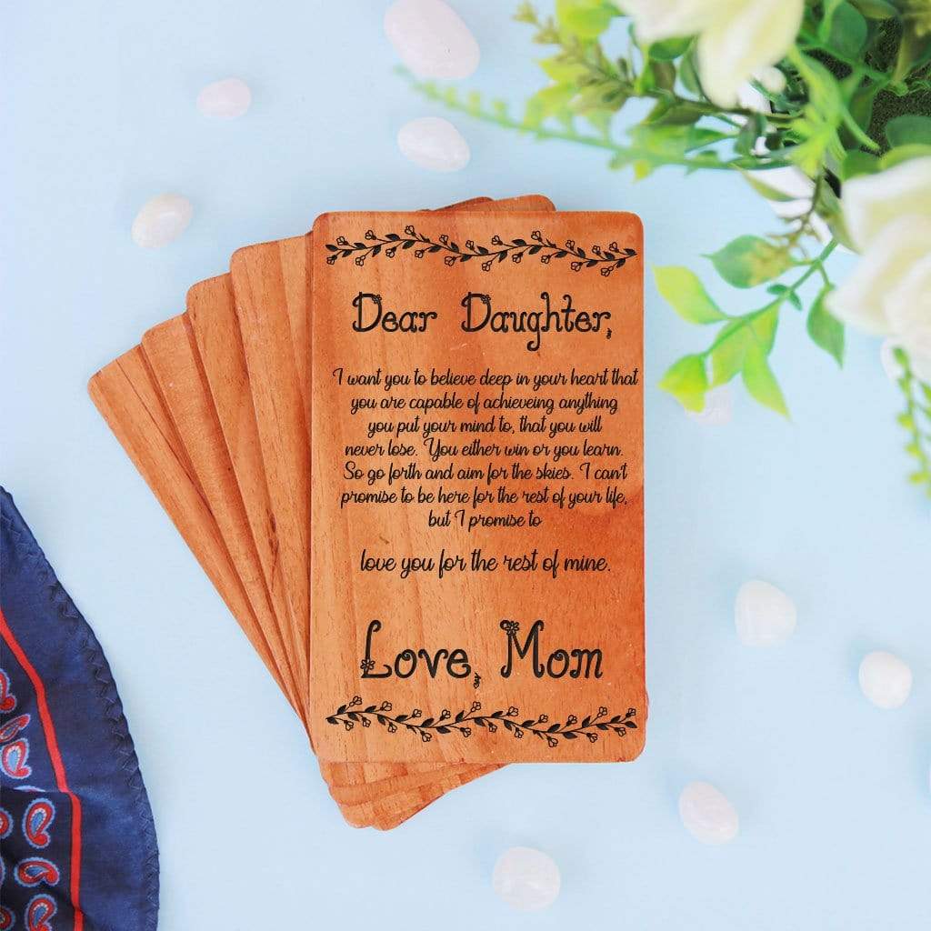 A Set Of Personalized Wooden Cards. Greeting Card For Daughter. Daughter birthday card, birthday wishes for daughter in law, wedding wishes for daughter and son in law engraved on a wooden greeting card.