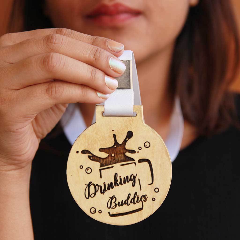 Drinking Buddies Wooden Medal With Ribbon. This Funny Medal Is The Best Gift Idea For Drinking Buddies