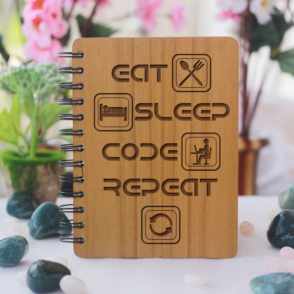 Eat Sleep Code Repeat - Programming Journal - Wooden Notebook for Coders - Gifts for Computer Geeks by Woodgeek Store