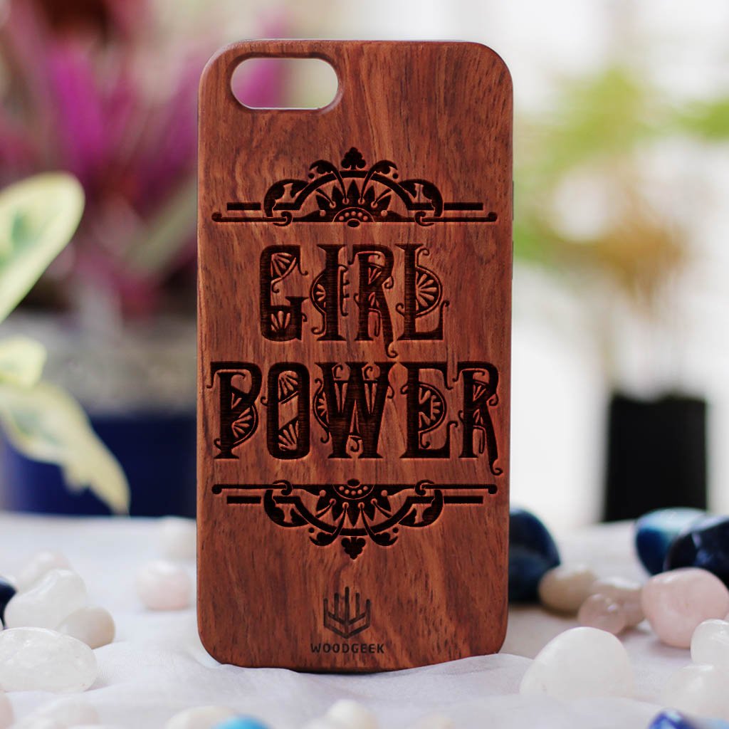 Girl Power Wood Phone Case - Walnut Wood Phone Case - Engraved Phone Case - Phone Cases for Women - Feminist Wood Phone Cases - Woodgeek Store