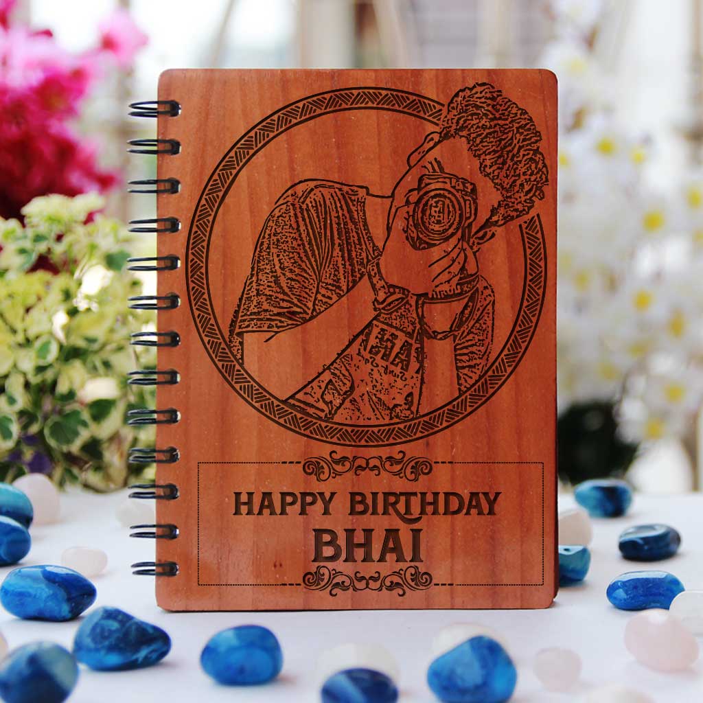 Happy Birthday Bhai Personalized Wooden Notebook - This Wooden Notebook Journal Can Be Customized With A Photo And Personal Message - These Photo Gifts Make The Best Birthday Gifts For Brothers - Shop Personalized Gifts For Brothers Online From The Woodgeek Store