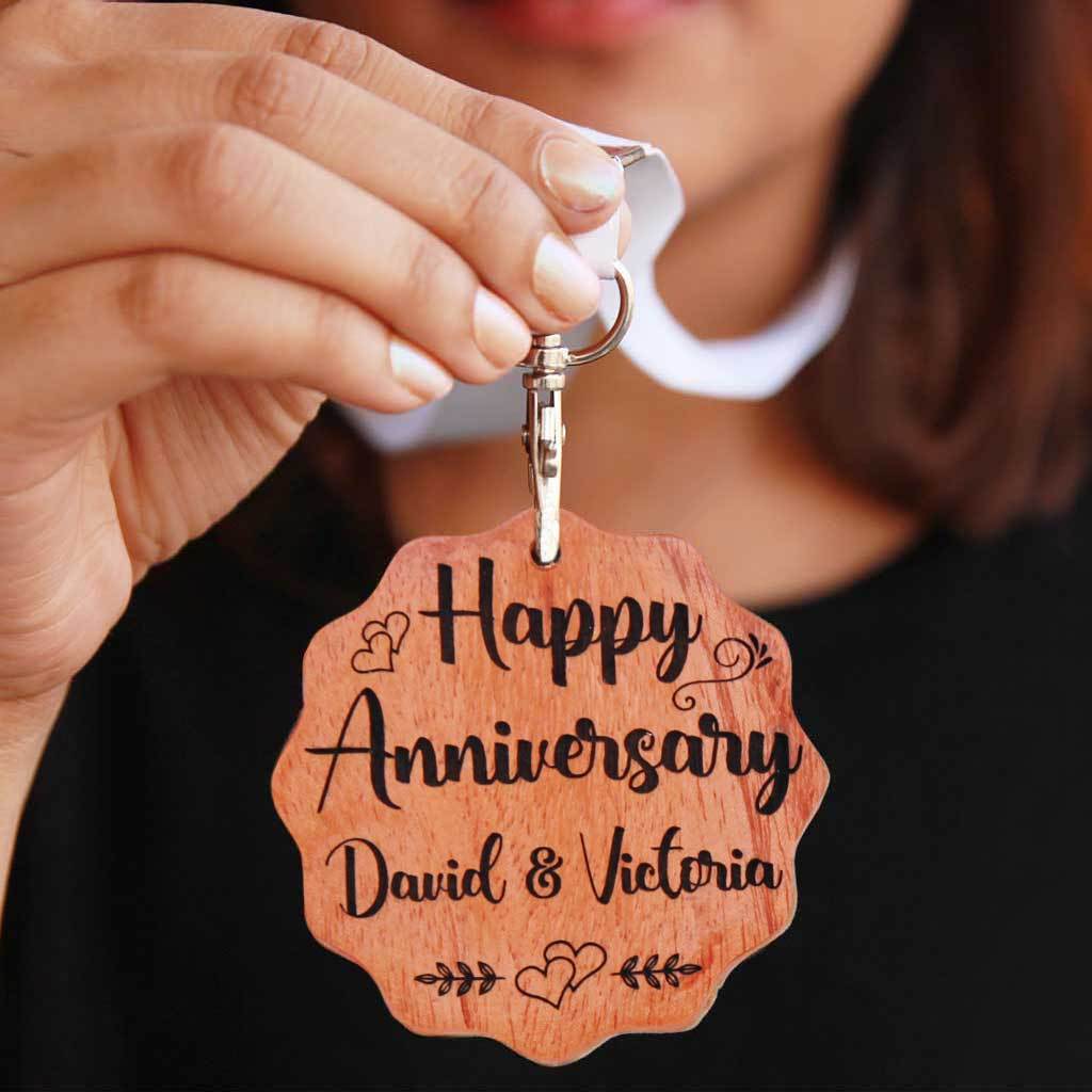 Happy Anniversary Wooden Medal With Ribbon. This Custom Medal Makes One Of The Best Personalized Love Gifts You Can Gift Your Partner. This Medal Of Love Makes A Great Anniversary Gift.