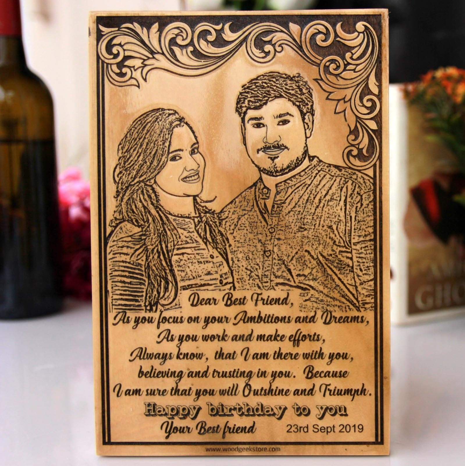 Happy Birthday Best Friend Personalized Wooden Frame. Looking for best friend gifts? This wooden frame engraved with a photo and a personal birthday wishes is one of the best birthday gifts for friends.
