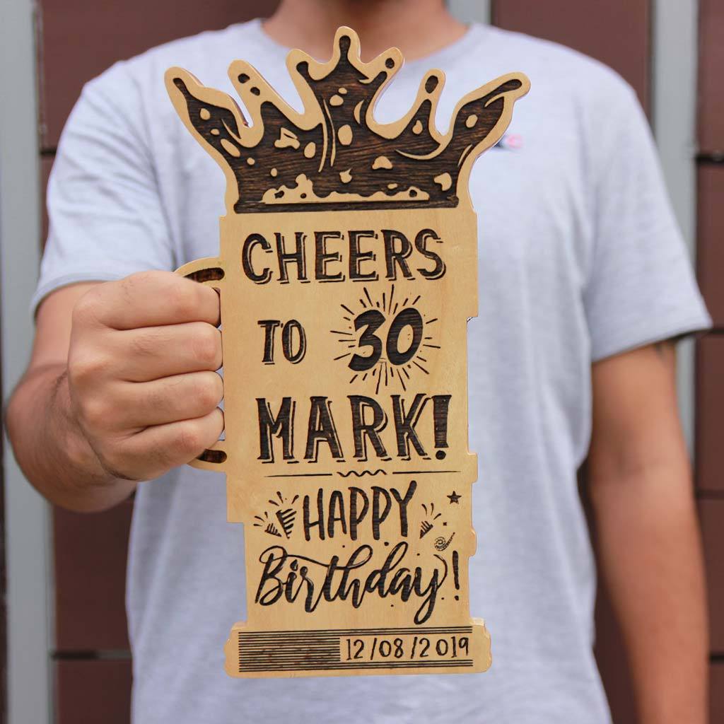 Happy Birthday Personalized Wooden Plaque. Customised Gifts for Birthday In The Shape Of A Beer Glass. This Custom Birthday Plaque Makes One Of The Best Birthday Gifts For Friends. Looking For Funny Birthday Gift Ideas? This Personalized Beer Glass Award Makes The Best Birthday Gifts.