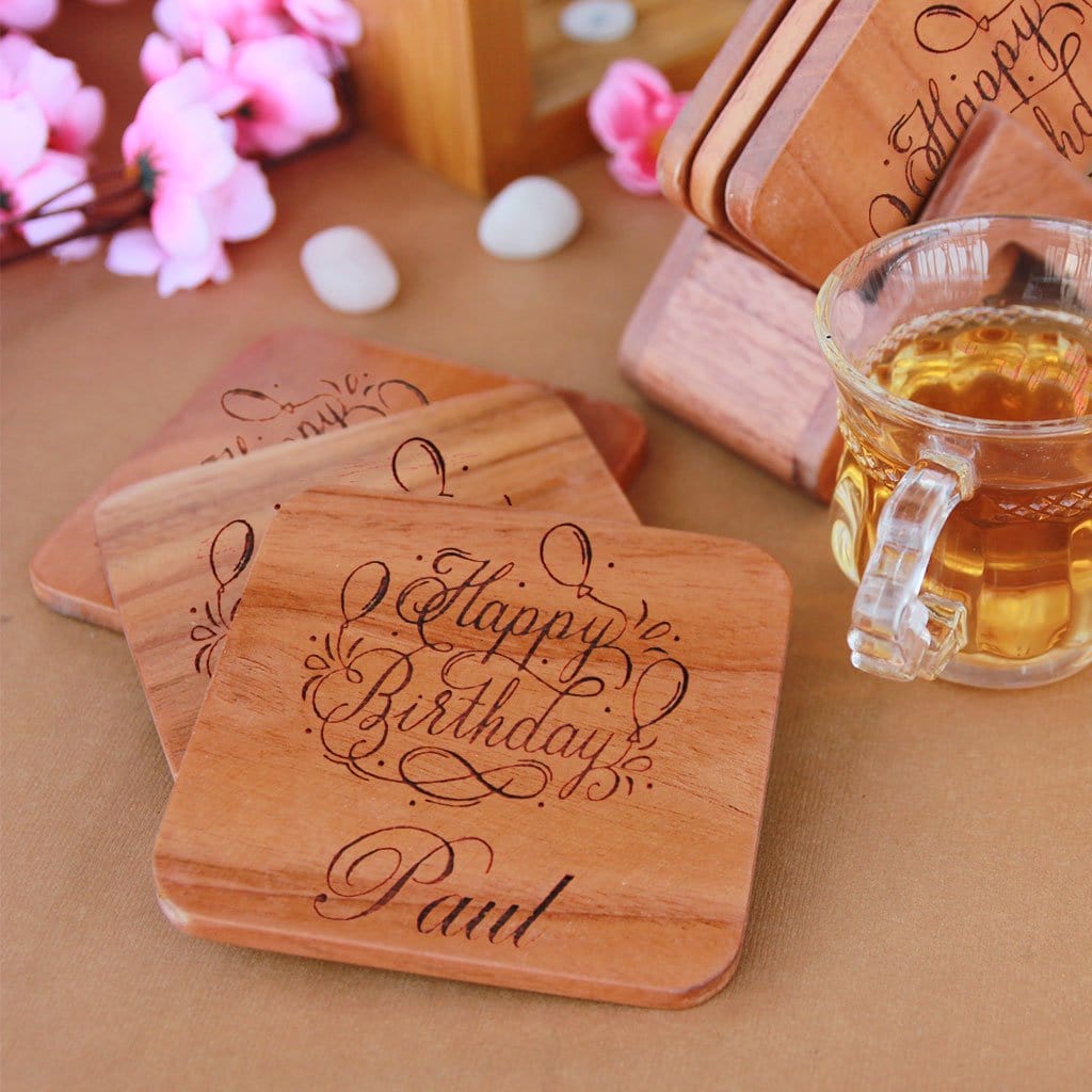 Birthday Coasters Engraved With Personal Birthday Wishes. Birthday Party Coasters. Wooden Coaster Set Makes Unique Birthday Gifts. Looking For Personalized Gifts? These Wooden Coasters Make Great Personalized Birthday Gifts.