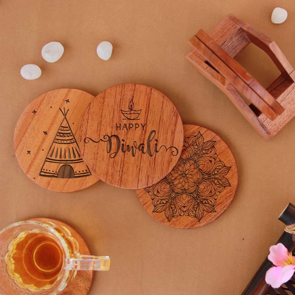 Diwali Coasters. Looking for Diwali gifts for family, diwali gifts for employees, corporate diwali gifts, diwali gifts for parents? These wooden coasters make useful diwali gifts and home decor gifts.