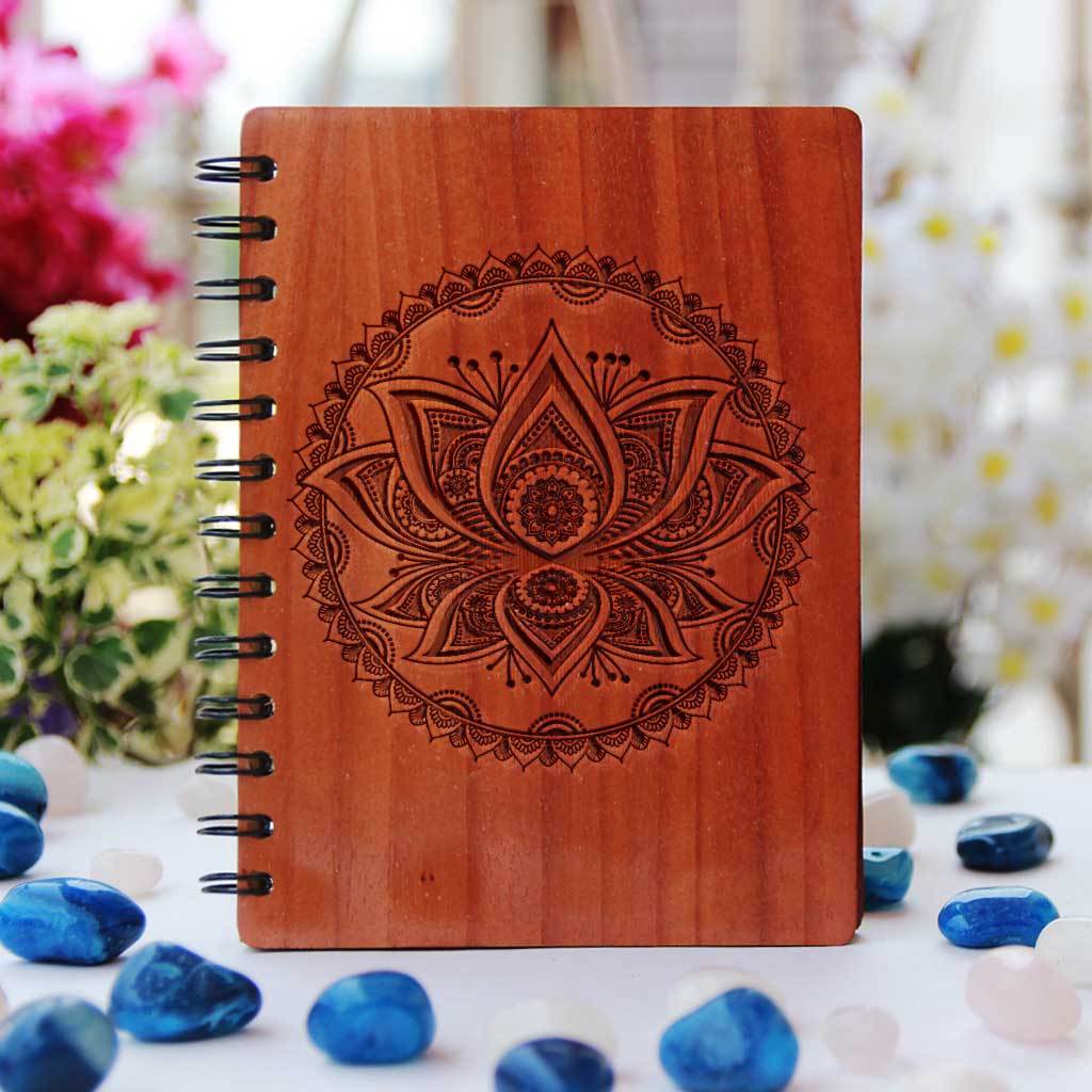 Lotus Personalized Wooden Notebook. These Custom Spiral Notebooks Makes Unique Gifts For Friends And Family - Buy More Writer's Journals From Woodgeek Store
