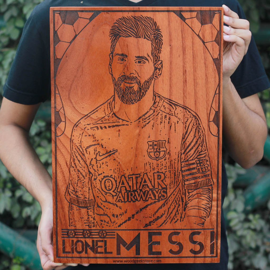 Lionel Messi Poster - Messi Wall Poster - Barcelona Soccer Wooden Poster - Gifts for Messi fans & football lovers by Woodgeek Store