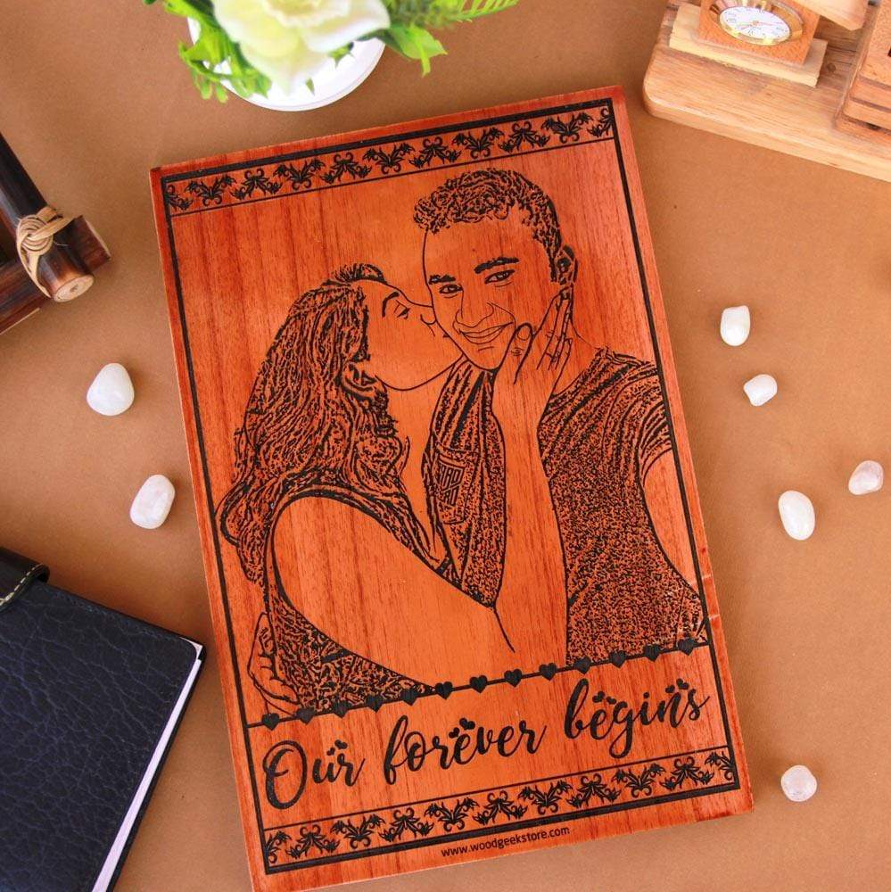 Our Forever Begins Photo-Engraved Wooden Frame. This Wood Engraved Photo Makes Great Wedding Gifts For Husband Or Wedding Gifts For Wife. This Photo On Wood Is One Of The Best Marriage Gifts