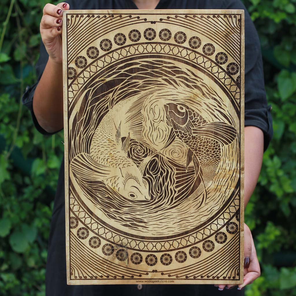 Pisces The Fish Carved Wooden Poster by Woodgeek Store - Zodiac Sign Wooden Artwork - Buy Wood Wall Art Decor Online 