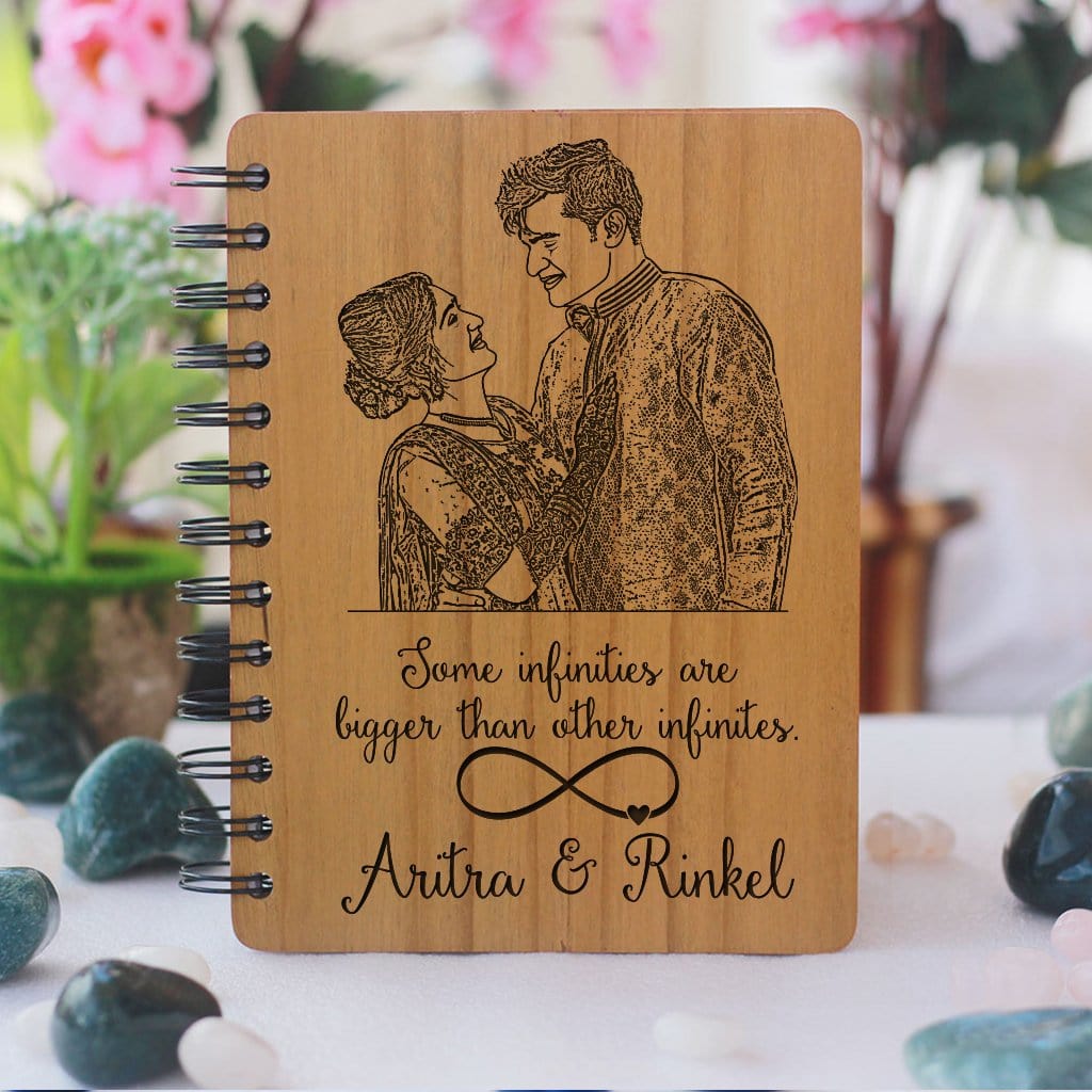 Some Infinities Are Bigger Than Other Infinities Wooden Photo Diary - This Personalized Notebook With Photo Makes One Of The Best Romantic Gifts For Lovers And A Perfect Gift For Friends Or Family Members Who Like Journaling - Get More Engraved Wooden Gifts Online From The Woodgeek Store.