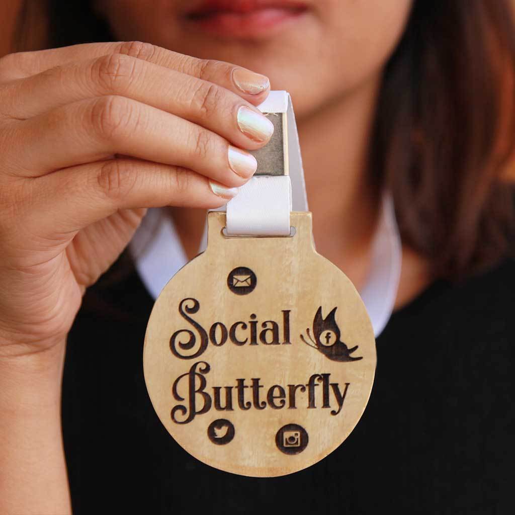 Social Butterfly Wooden Medal - This Engraved Medal Is A Funny Gift For A Friend - These Trophies And Medals Are Great Gifts for Friends Obsessed With Social Media.