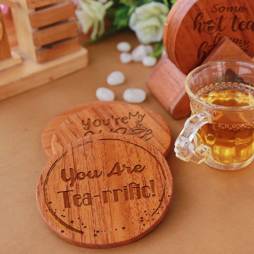 Tea Coaster Engraved With Tea Quotes. Tea Coaster Set. This Wooden Tea Coaster Set Comes with Coaster Holder & Makes Great Gifts For Tea Lovers. Buy Coasters Online At Woodgeek Store
