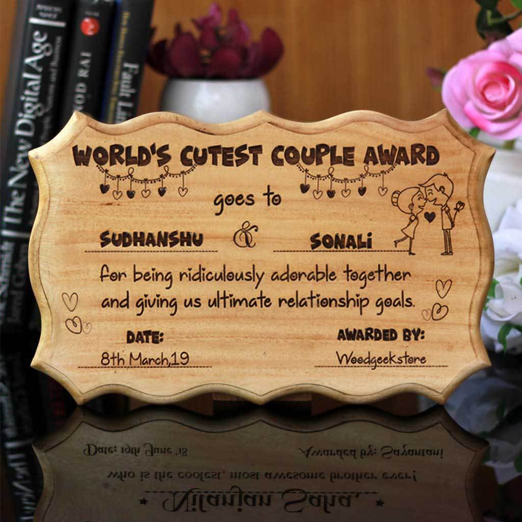 The World's Cutest Couple Award Certificate - This Personalized Award Plaque Makes Unique Gifts For Couples - Buy More Romantic Gifts For Boyfriend And Girlfriend Online From The Woodgeek Store