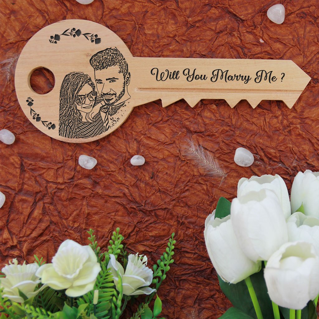 Will You Marry Me Wooden Proposal Sign. Key-Shaped Wooden Signs Makes A Special Proposal Gift & Proposal Idea. A Wood Engraved Photo On Personalised Wooden Plaque.