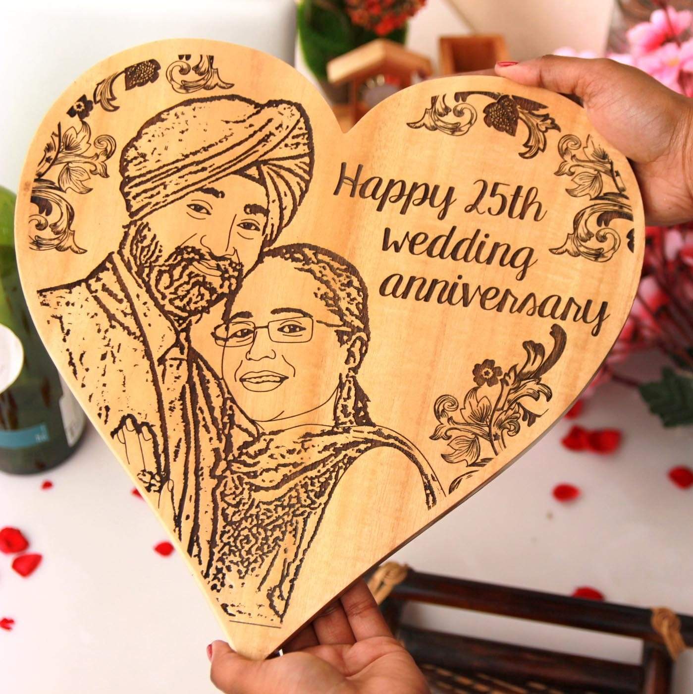 Wood Engraved Photo And Anniversary Wishes On Wooden Plaque. 25th Wedding Anniversary Gifts. 25th anniversary gifts for couples. 25th anniversary gifts for parents. 25th wedding anniversary gift ideas for indian couples.