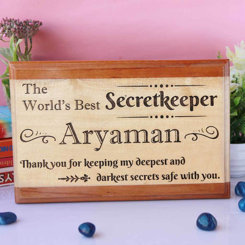 The World's Best Secretkeeper Wooden Plaque. This wooden trophy and award plaque makes great personalised gifts for friends. This is the perfect friendship day gifts for best friend.