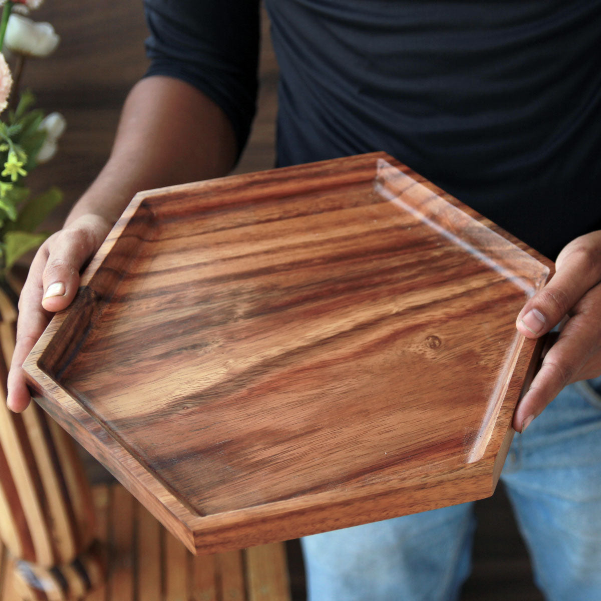 Hexagonal Wooden Serving Tray | Minimalist Wood Decorative Tray