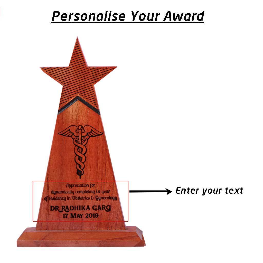 Wooden Trophy For Doctors Engraved With Doctors Symbol And Custom Text. Looking For Gifts For Doctors? This star trophy makes great graduation gifts for doctors.