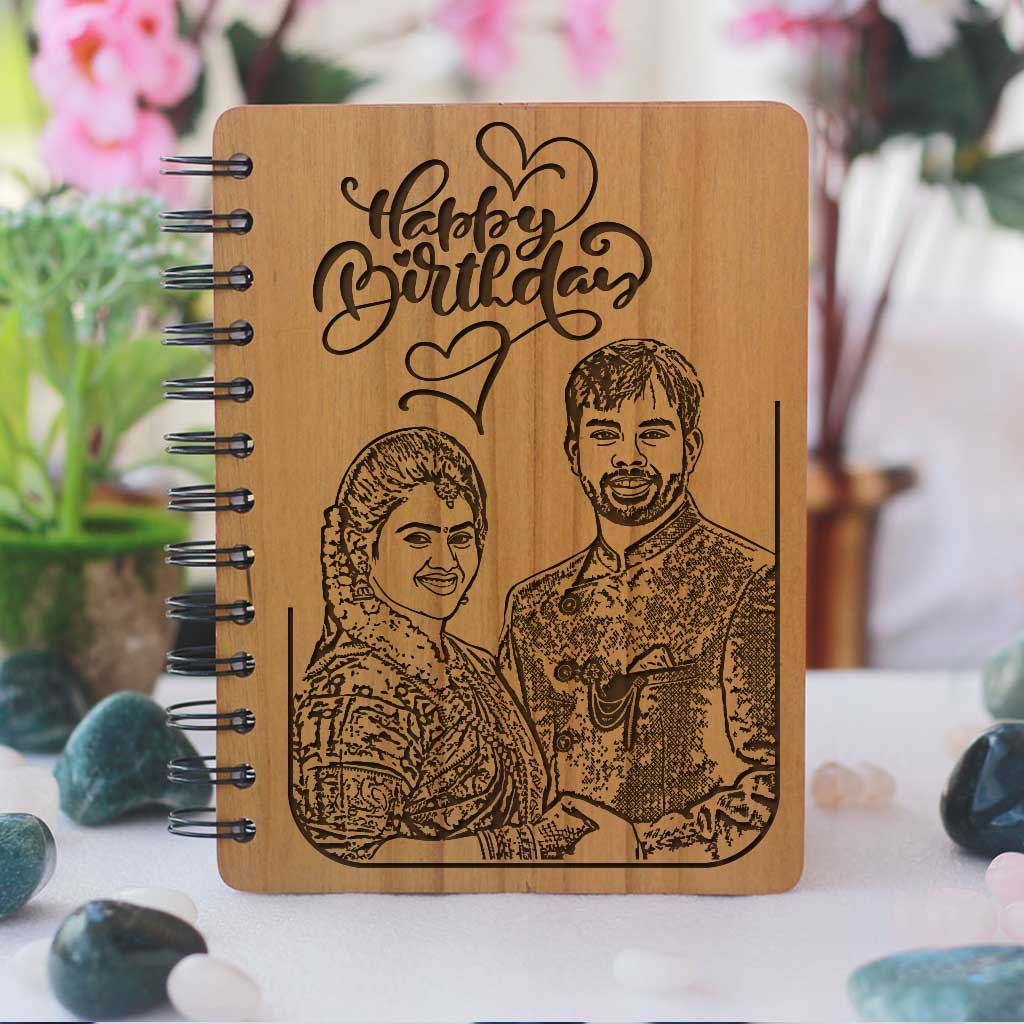 Personalised Diary With Photo & Happy Birthday Wishes Engraved On A Wooden Notebook As Birthday Gift. Buy Birthday Gifts Online Like Birthday Gift for Husband, Birthday Gift For Wife, Birthday Gift For Boyfriend, Birthday Gift For Wife.
