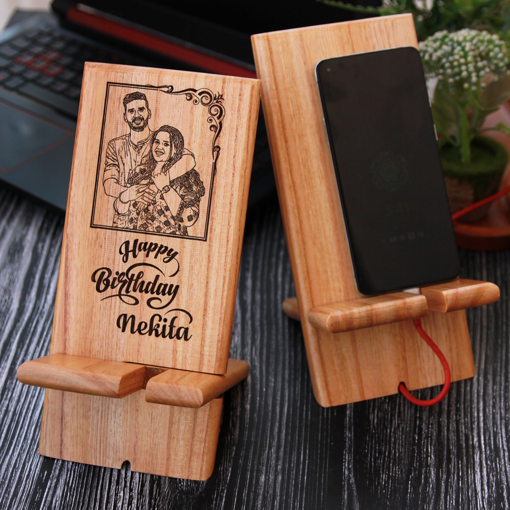 Engraved Wooden Mobile Phone Stand | Personalized Birthday Gift
