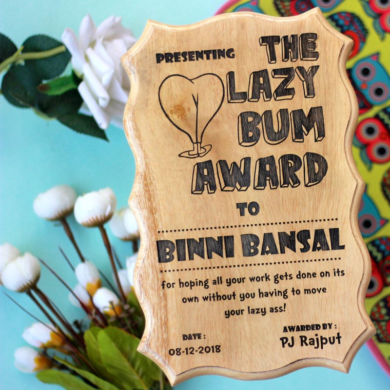 The Lazy Bum Funny Award Certificate