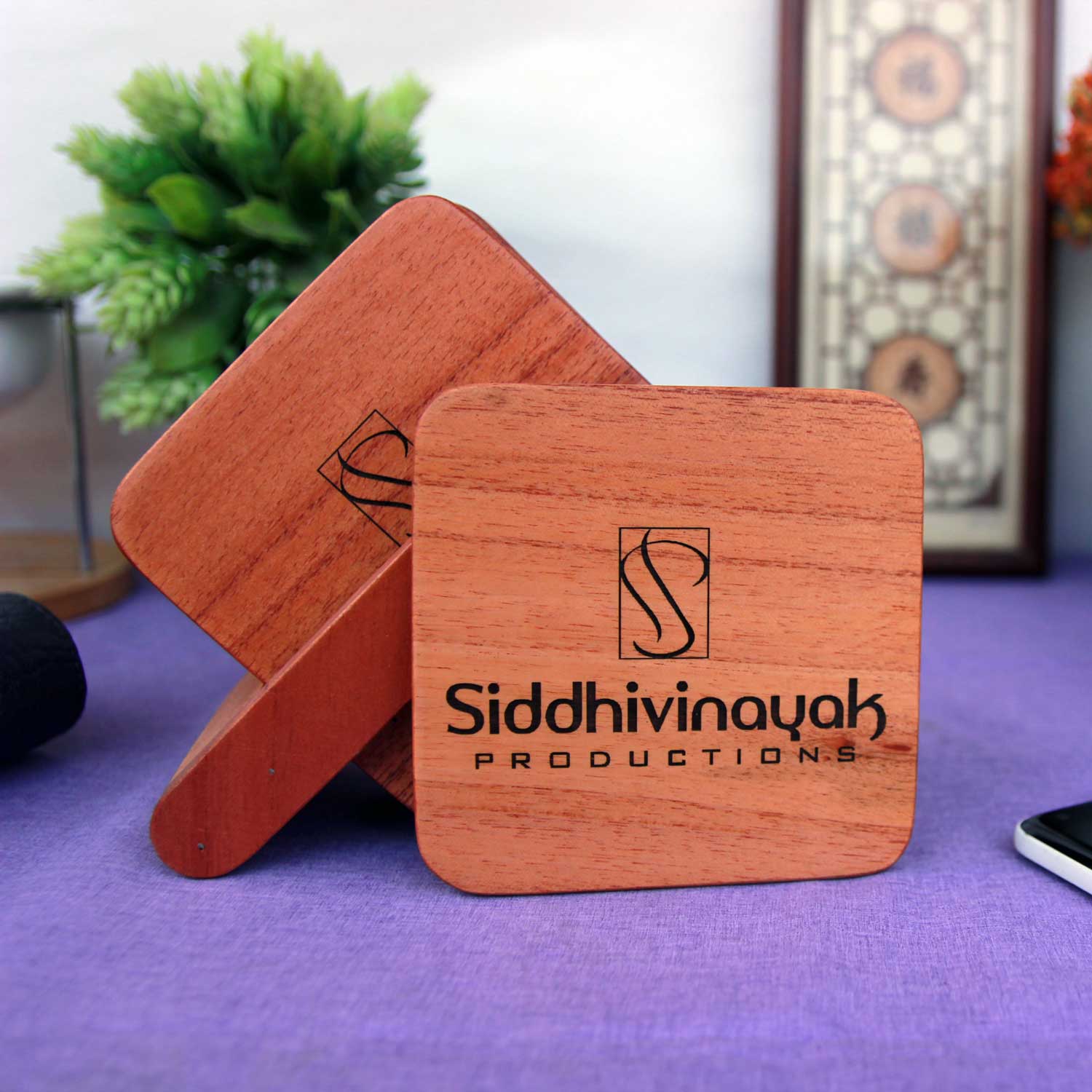 Office Coasters With Company Logo - Wooden Coaster Set With Holder