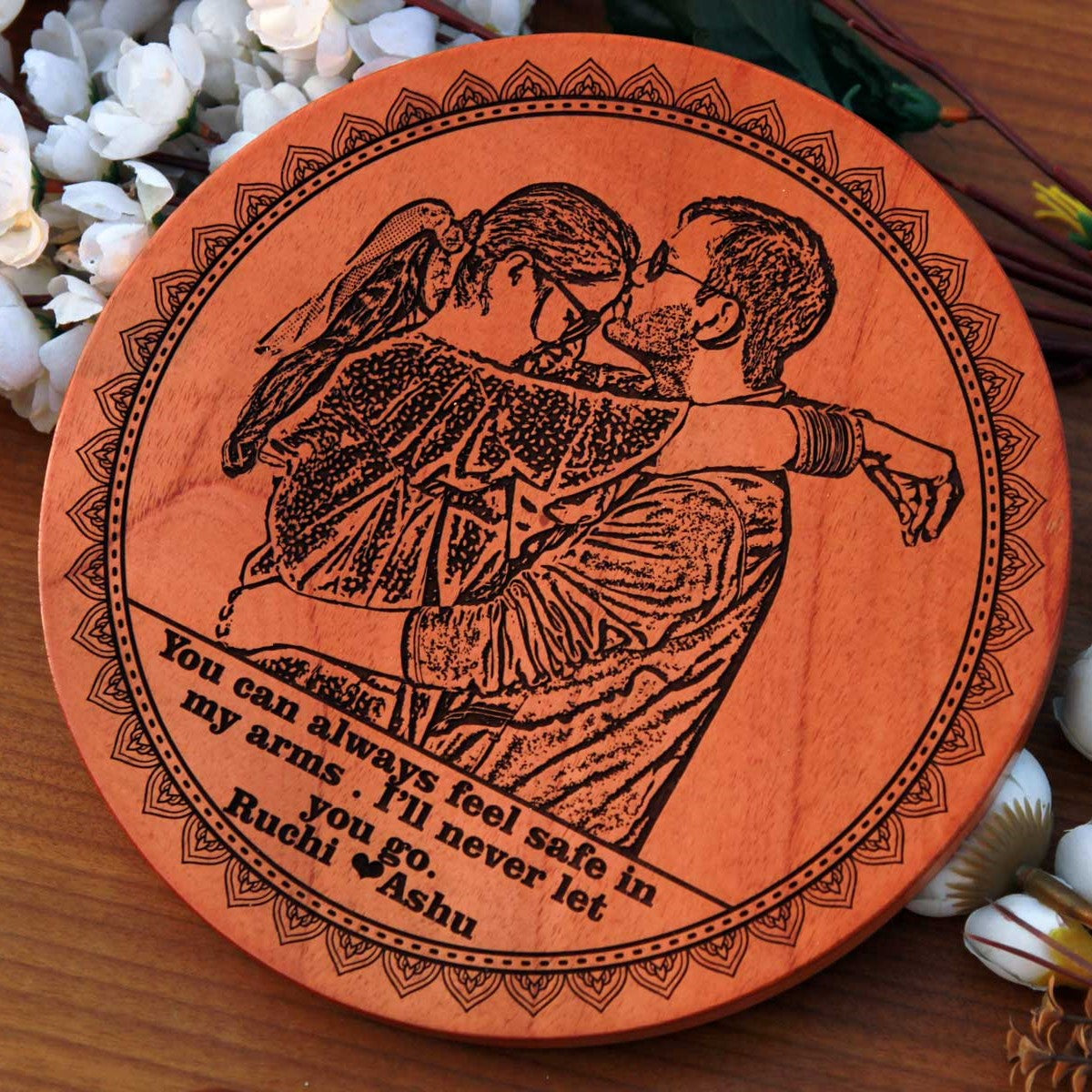 personalized romantic engraved round plaque always feel safe in your arms