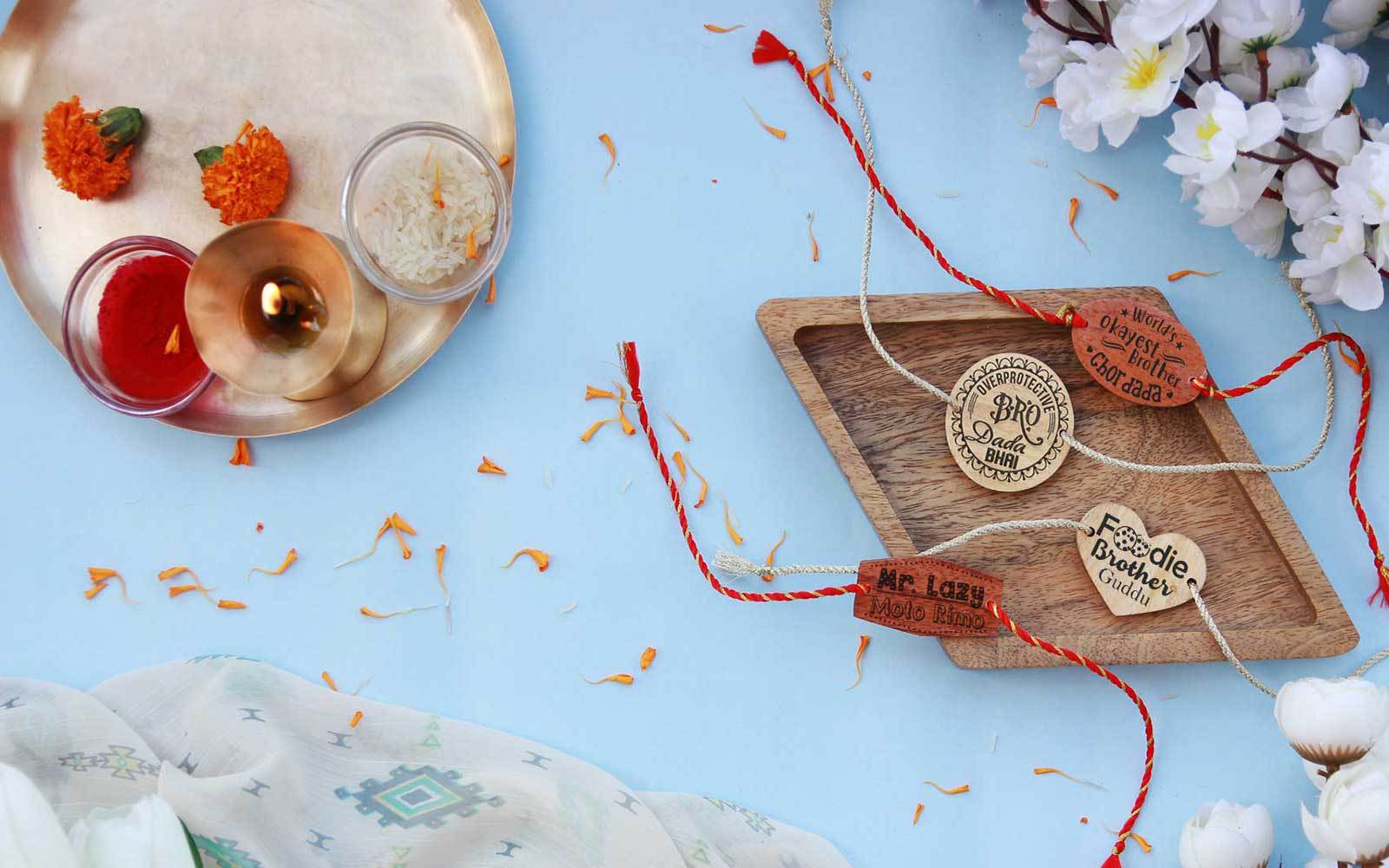 Personalised Wooden Rakhis & Greeting Card