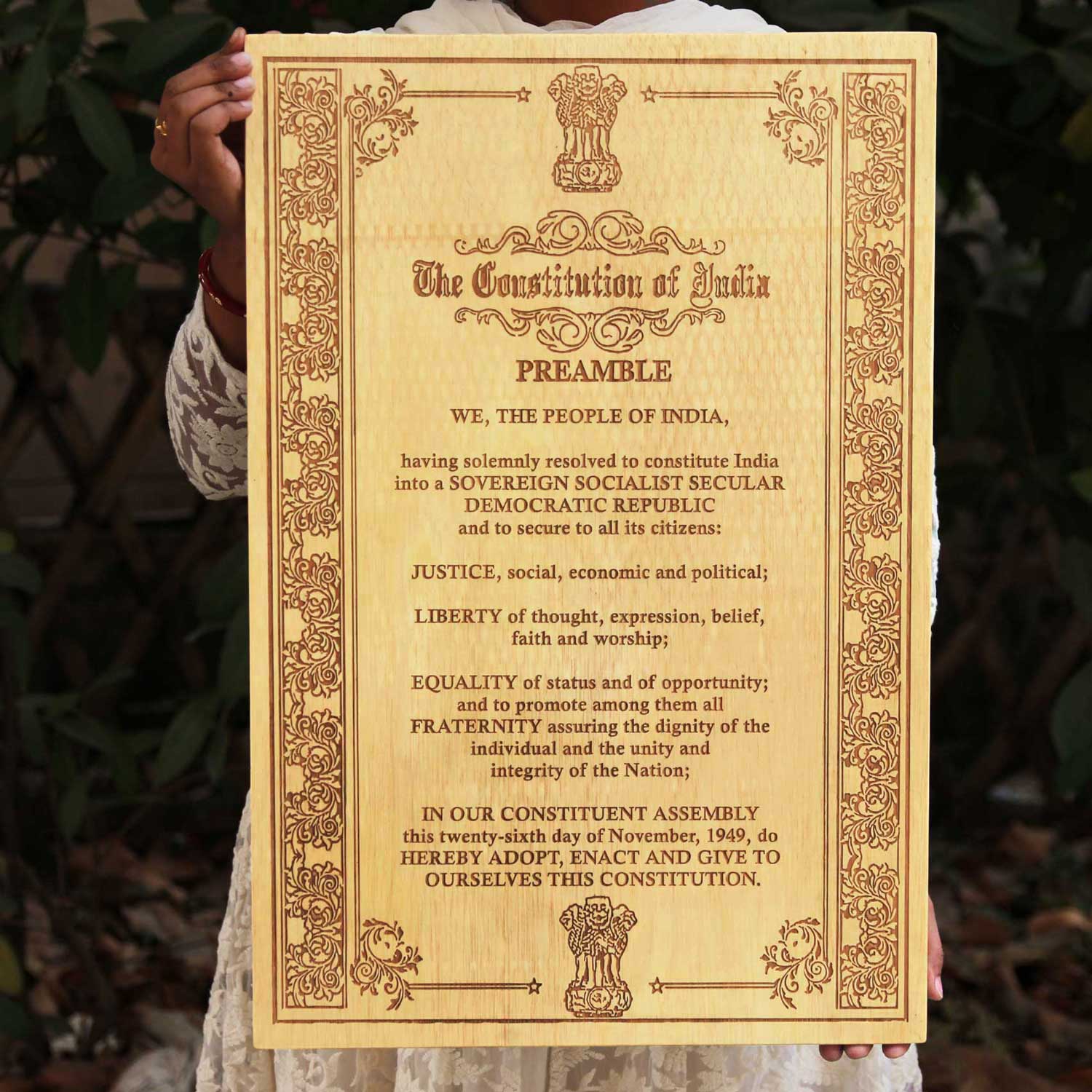 Constitution Of India Engraved In Wood Patriotic Gift For Politicians