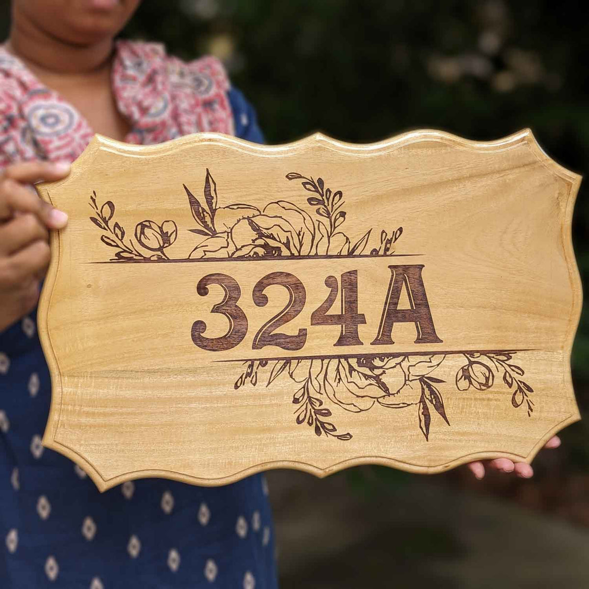 Divine Elegance Engraved Wooden Nameplate | Custom Home Sign with Flat Number