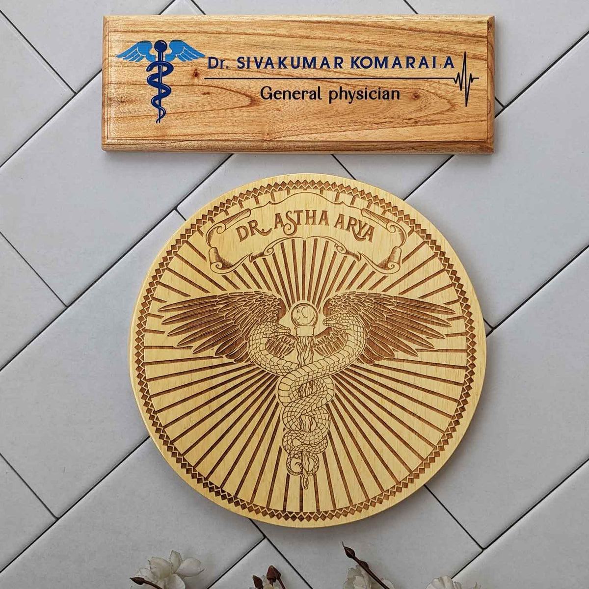 Doctor&#39;s Custom Engraved Wooden Nameplate Set | Elegant Desk &amp; Wall Plaque Combo for Medical Professionals