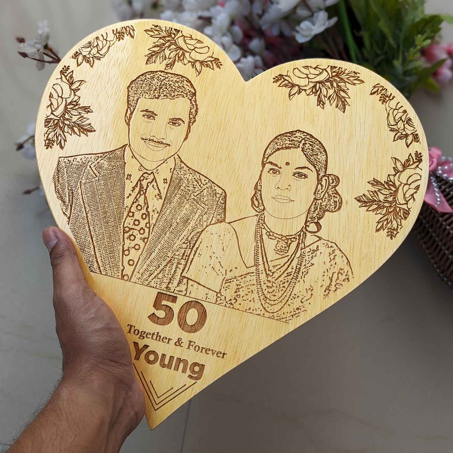 Golden Love - Personalized 50th Anniversary Wooden Heart Plaque