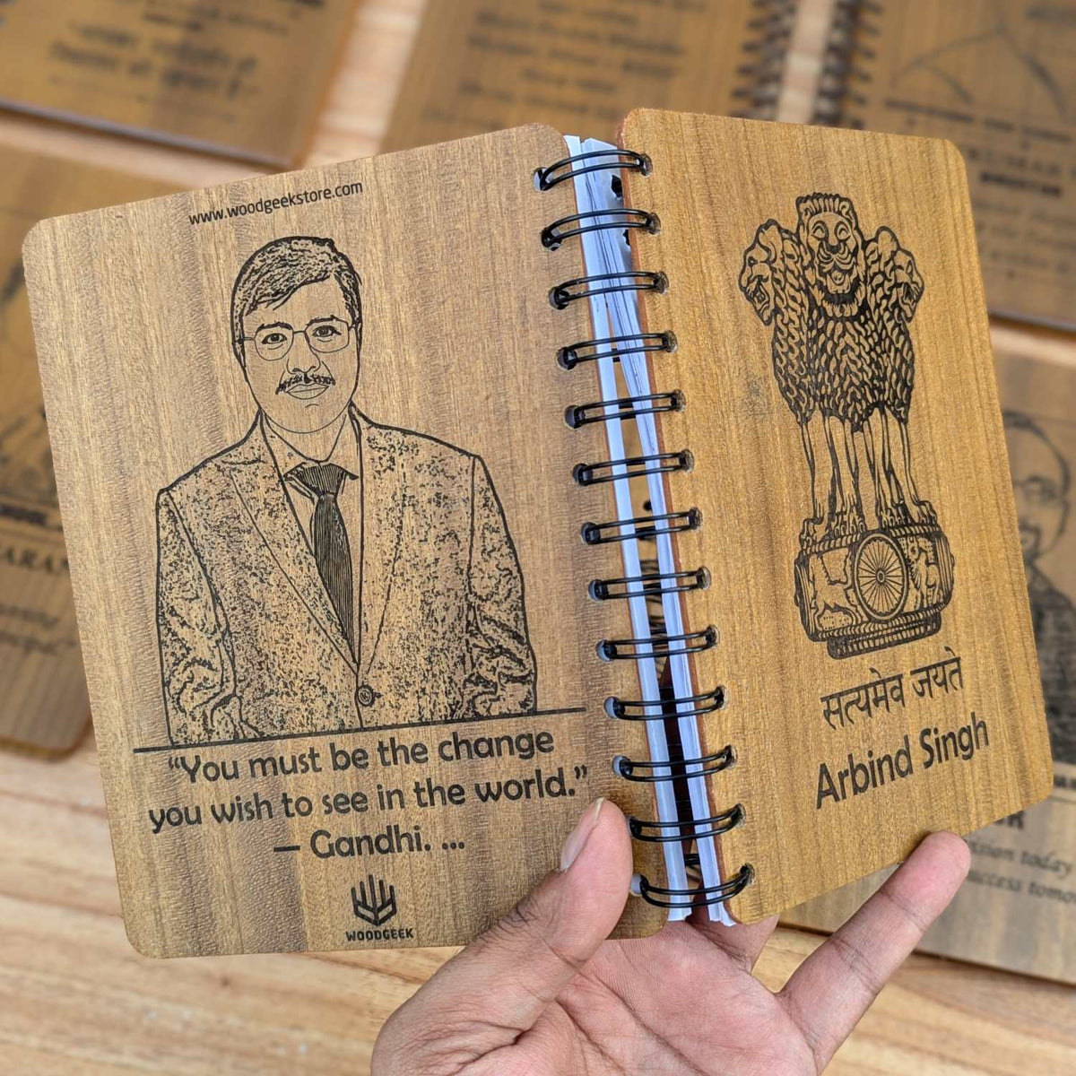 Ashok Stambh Engraved Wood Diary | Ashoka Pillar National Emblem Wood Notebook