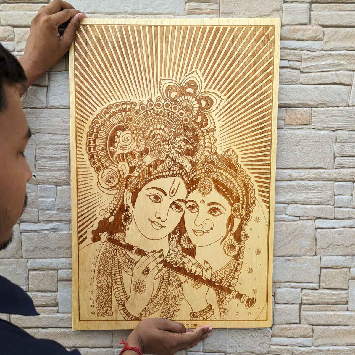 radha krishna hindu gods engraved in wood by woodgeekstore