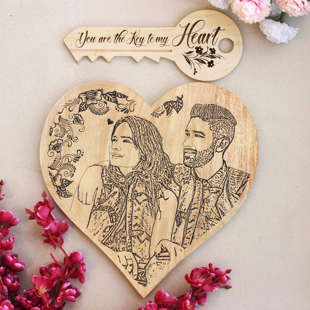 You're The Key To My Heart Wooden Key & Engraved Heart Shaped Frame