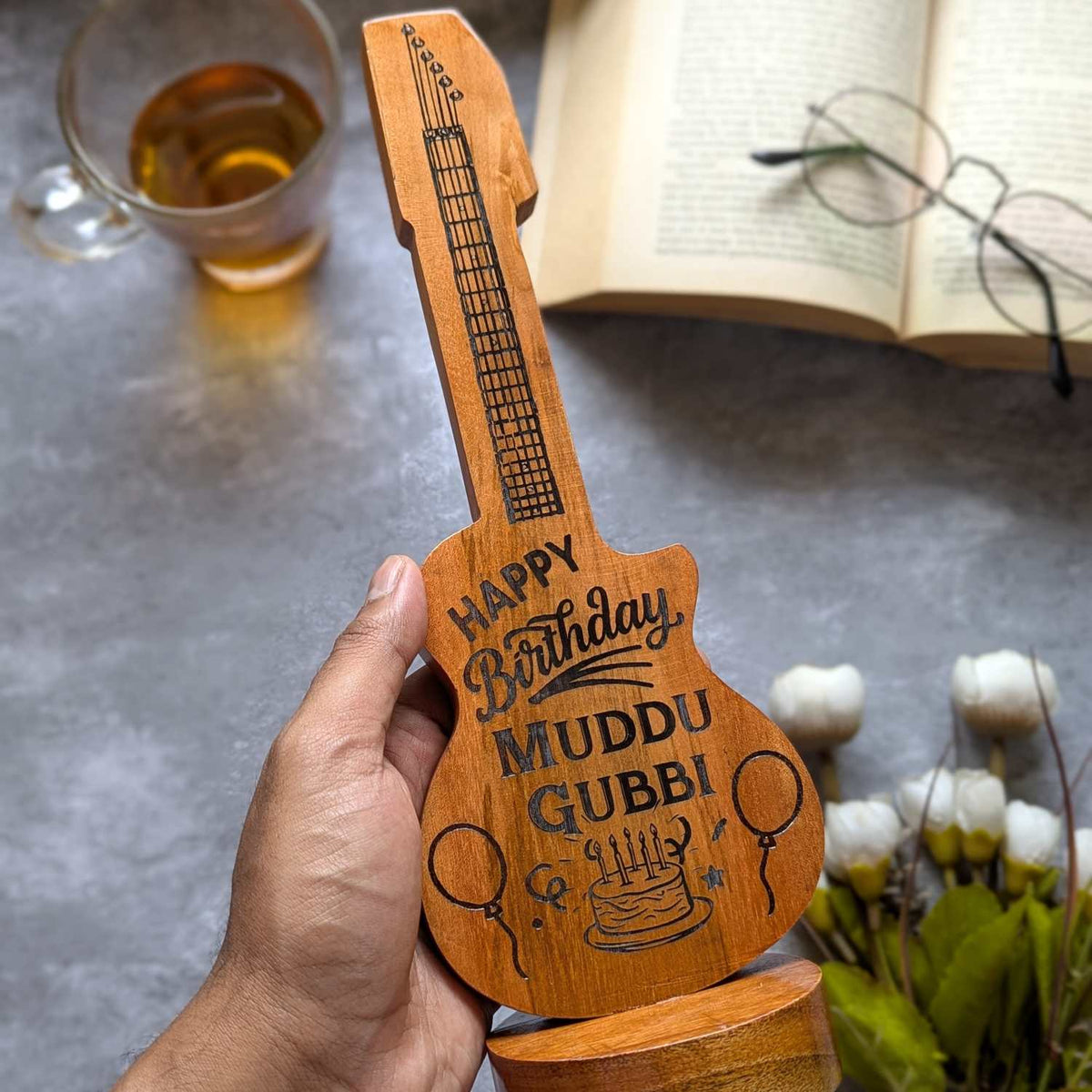 Happy Birthday Award Memento | Customized Guitar-Shaped Wood Trophy