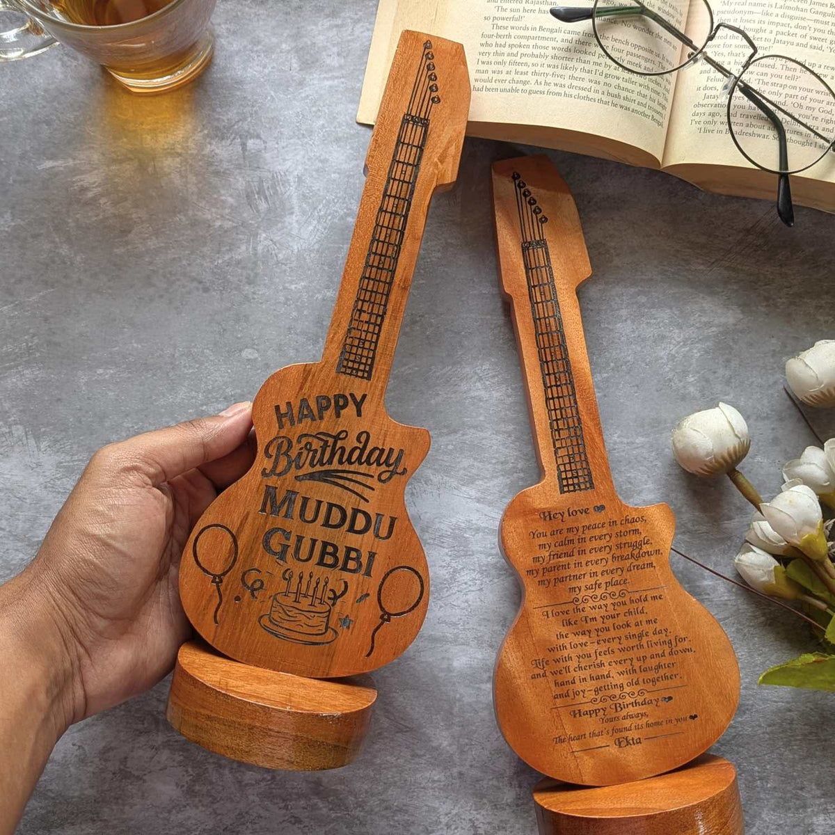 Happy Birthday Award Memento | Customized Guitar-Shaped Wood Trophy