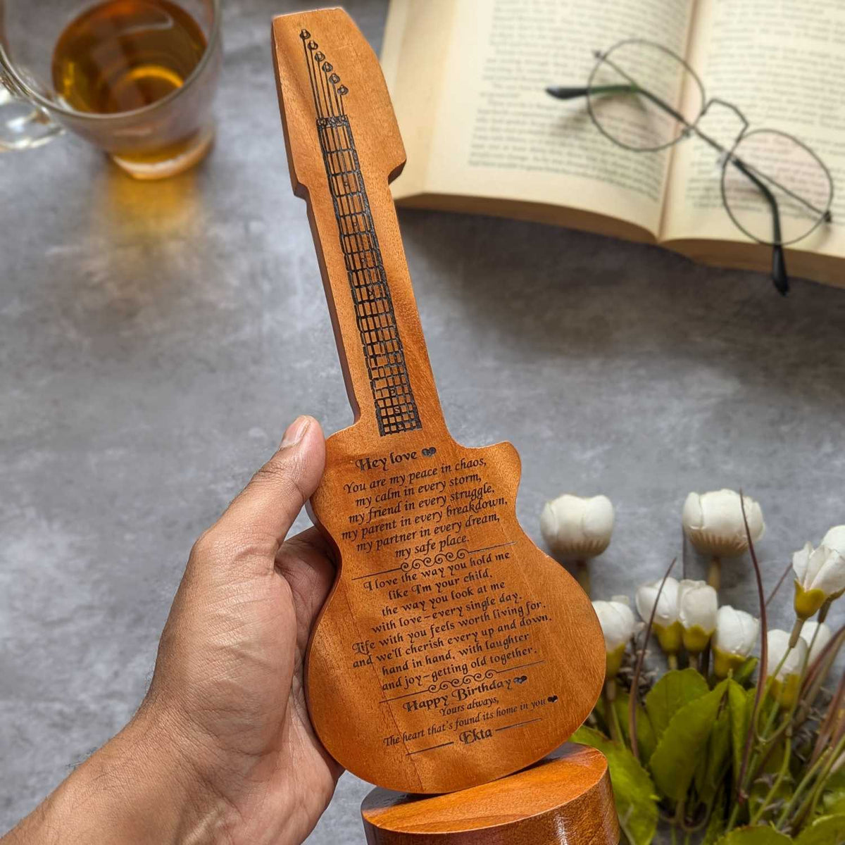 Happy Birthday Award Memento | Customized Guitar-Shaped Wood Trophy