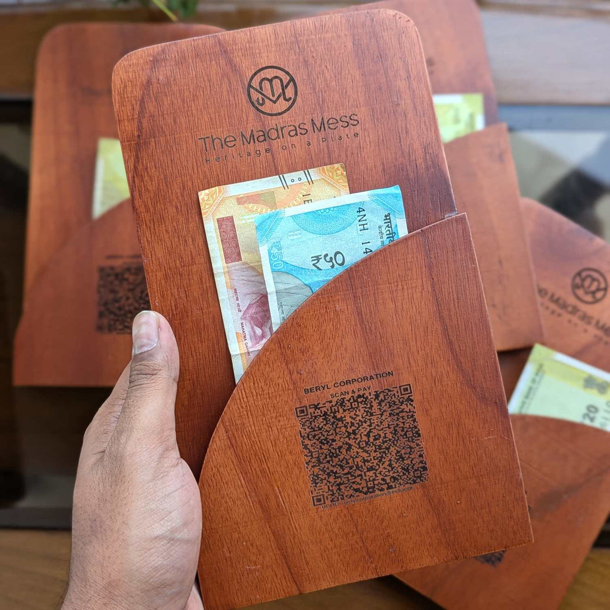 Custom Wooden Bill Folder for Restaurants &amp; Cafés | Engraved QR Code, Card &amp; Cash Folder
