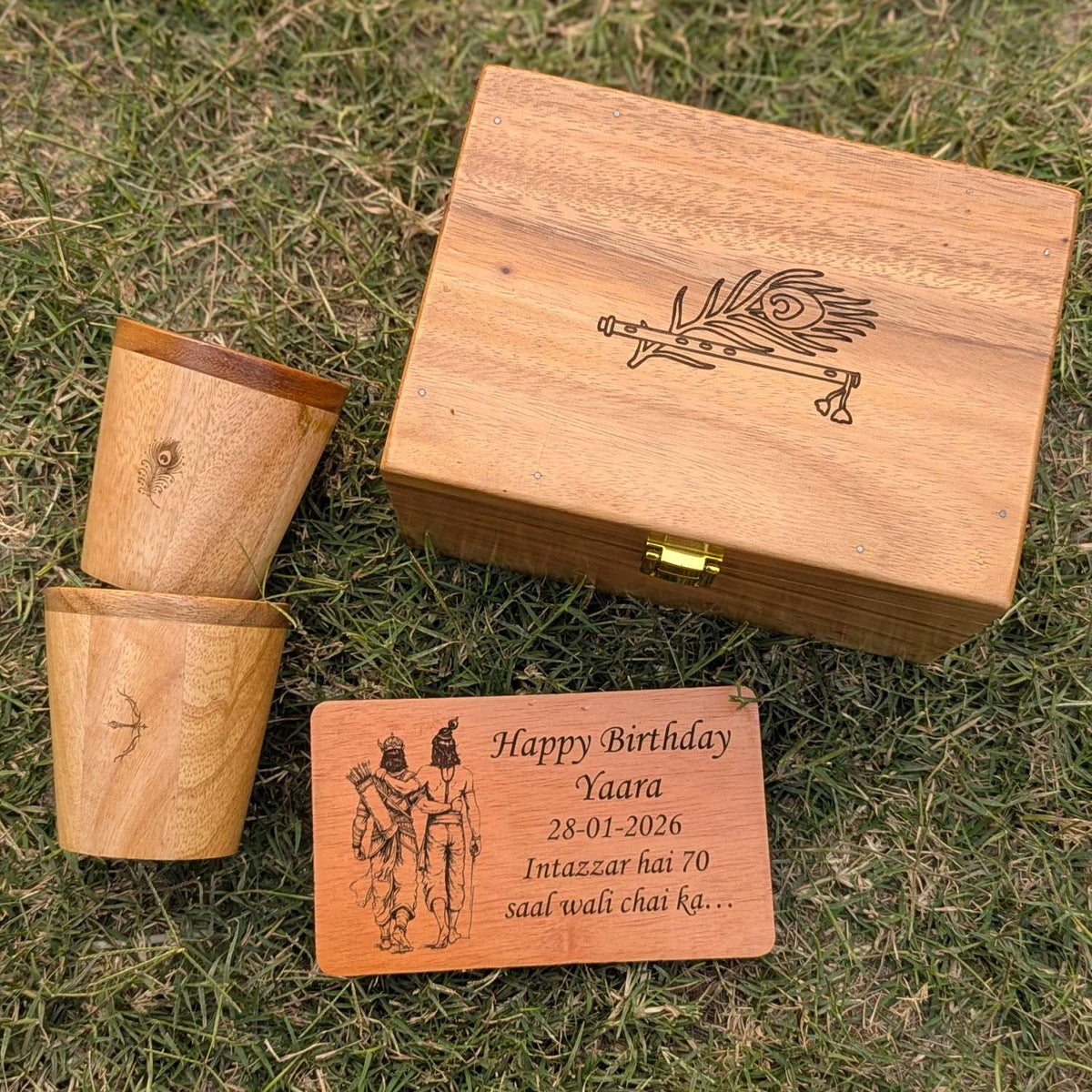 Personalized Wooden Birthday Gift Box with Tea Glasses &amp; Custom Greeting Card